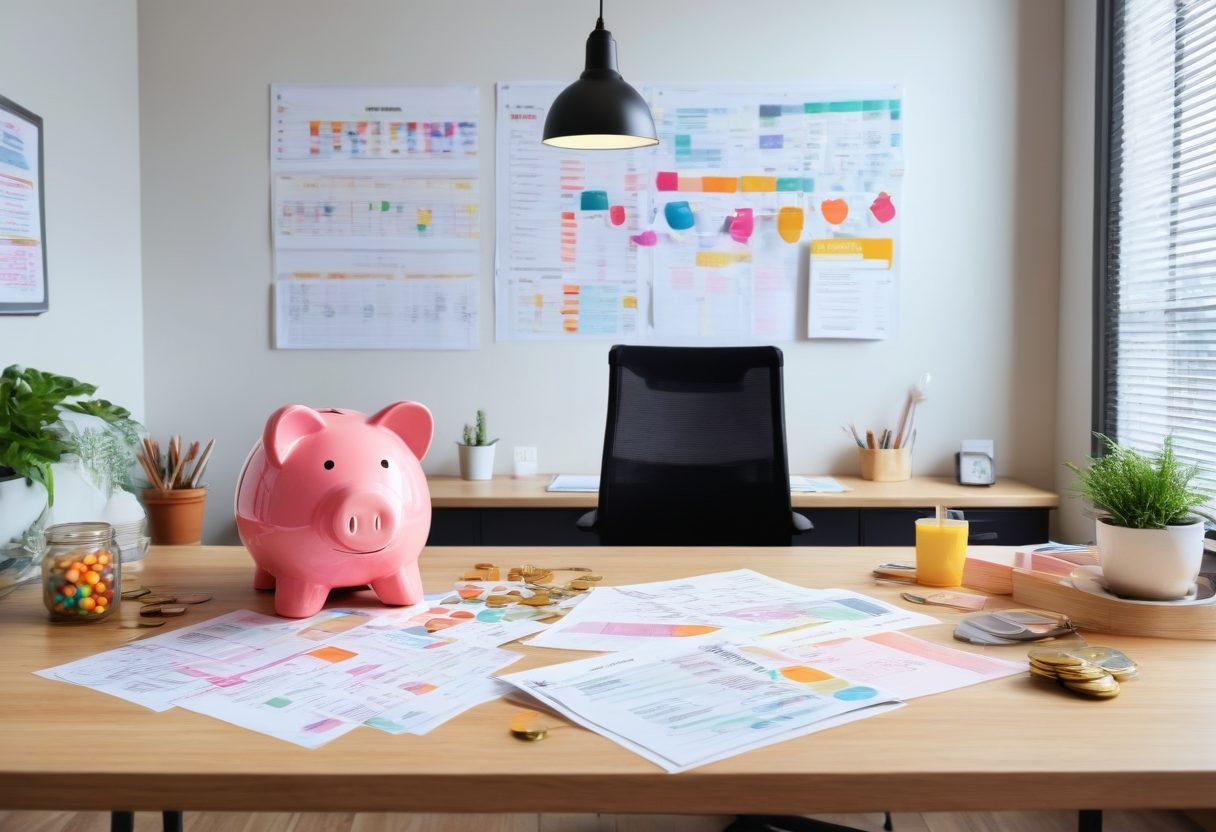 A serene, balanced workspace featuring a person joyfully reviewing financial documents, colorful charts illustrating debt reduction strategies, a piggy bank overflowing with coins nearby, a glowing light bulb above symbolizing ideas for financial independence, and a vision board with inspiring quotes on the wall. super-realistic. vibrant colors. 3D.