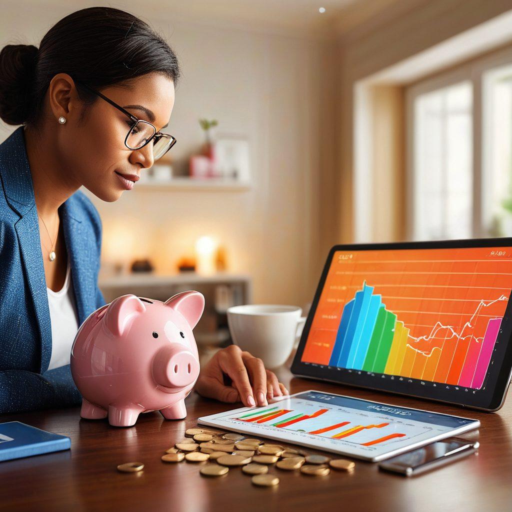 An elegant piggy bank surrounded by stacks of coins and financial graphs, symbolizing smart saving strategies. Include a person (diverse ethnicity) thoughtfully analyzing a savings plan on a tablet, with a cozy home environment in the background. Use warm tones to evoke a sense of security and prosperity. super-realistic. vibrant colors.